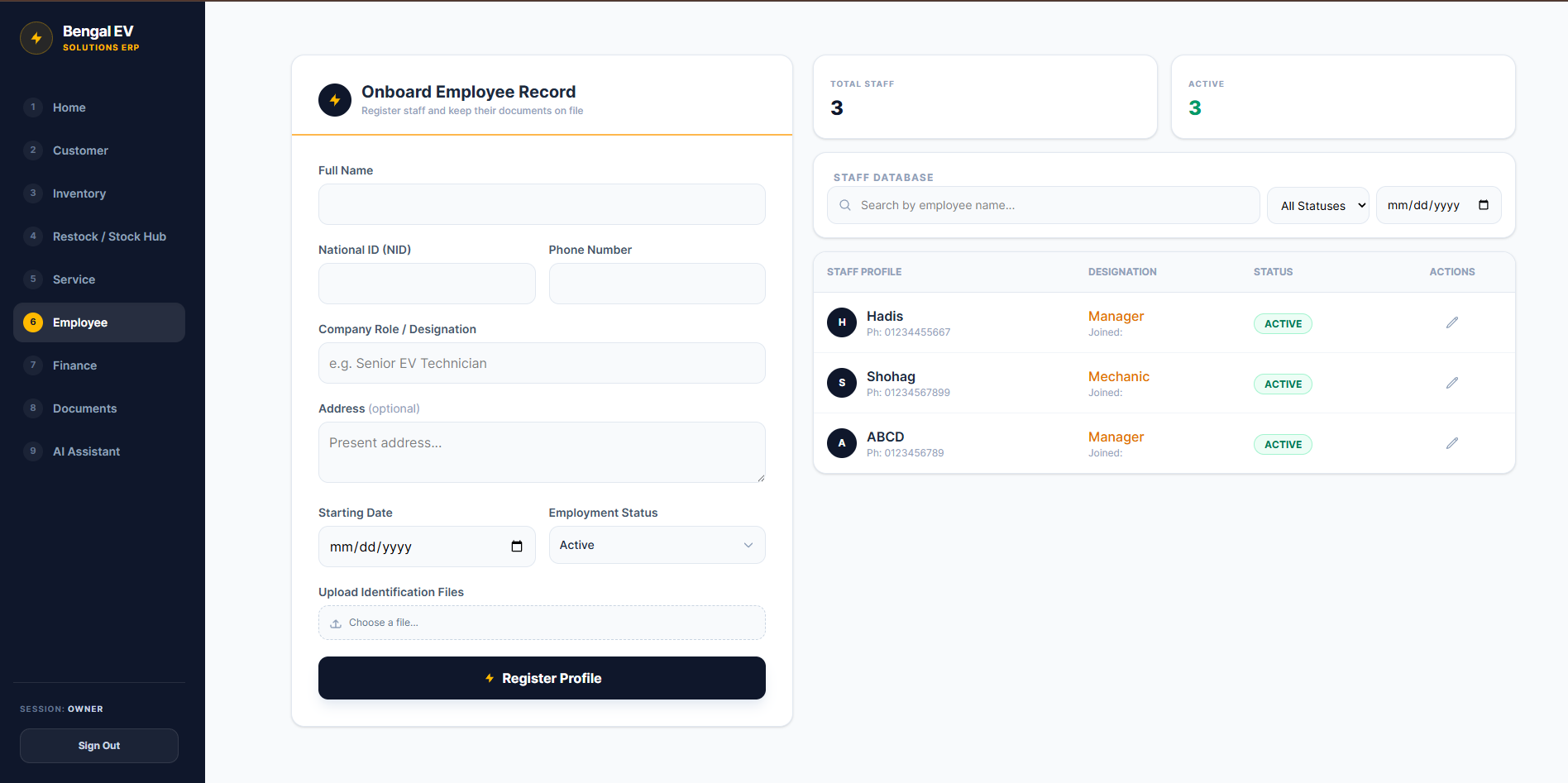 Employee management screen